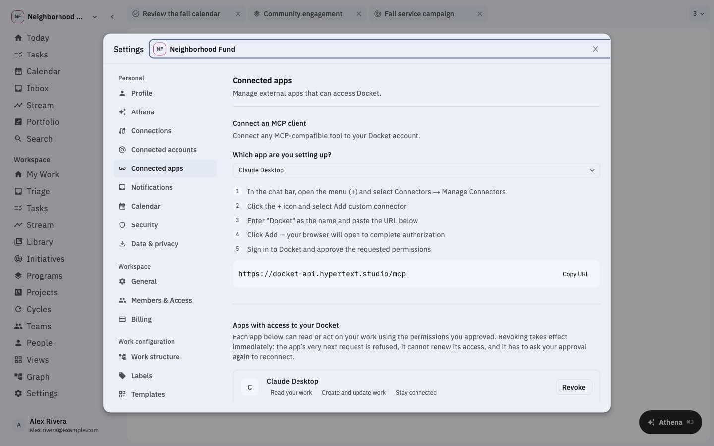 A connected MCP app in Docket settings